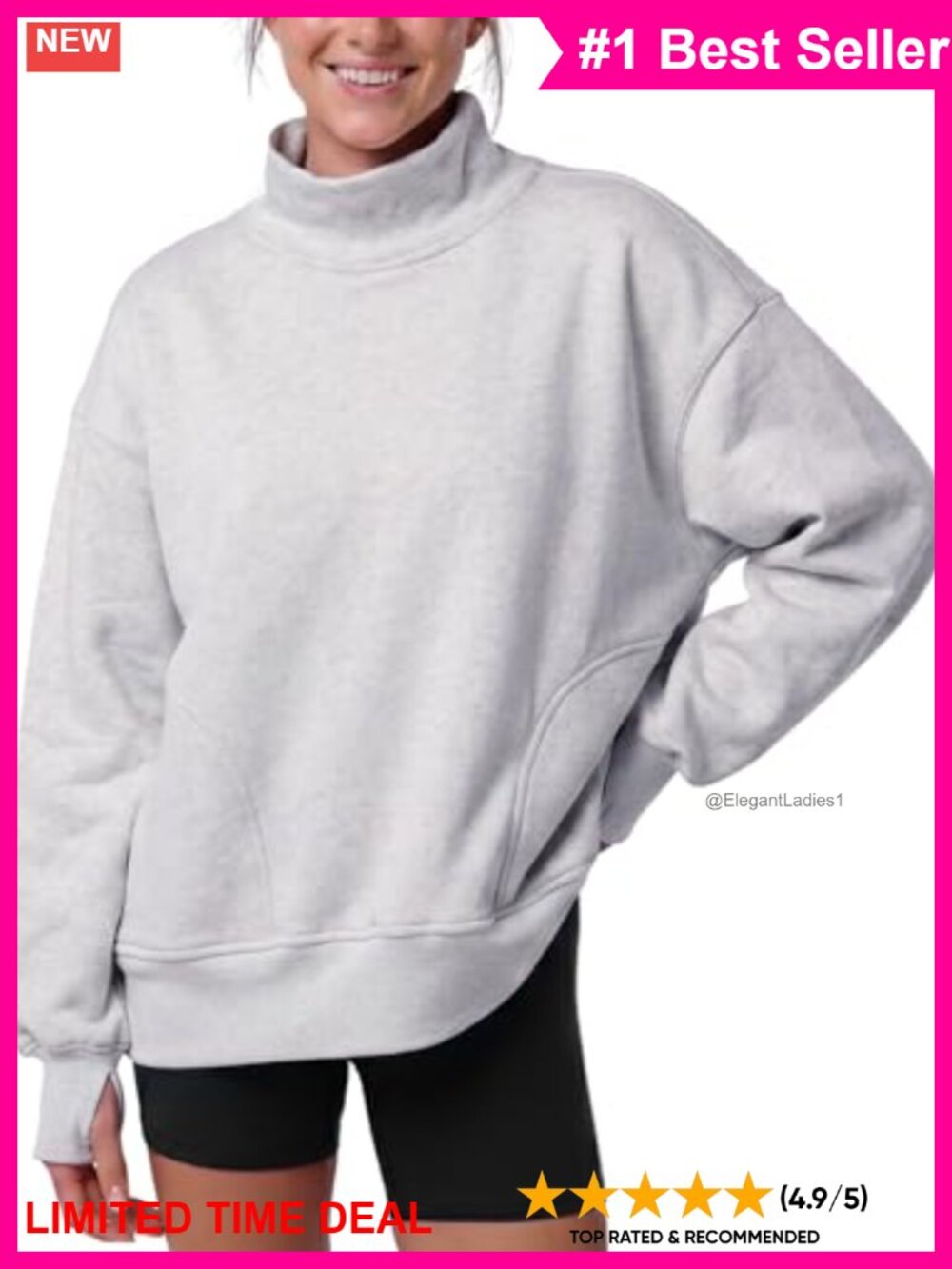 Mock Neck Oversized Sweatshirt Cotton Blend Fleece Lined Pullover